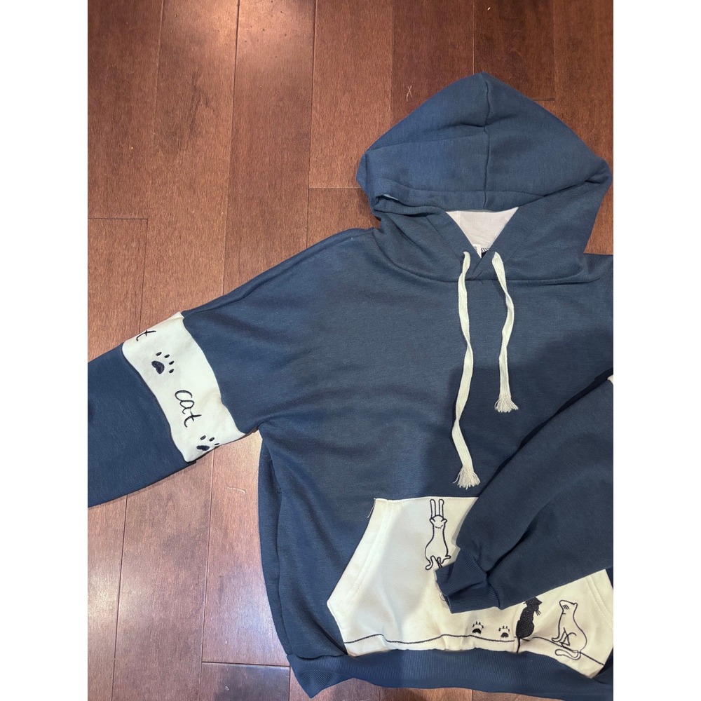 Cat Graphic Colorblock Hoodie Slate Blue Cream Pullover Sweatshirt Paw Prints - Picture 2 of 3